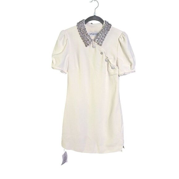 Self-Portrait Diamante Collar Mini Dress White‎ Heavy Double Crepe Size 0 Bridal - Picture 4 of 16